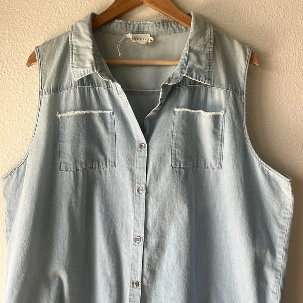 Ninexis Denim Button Down Raw Hem Sleeveless Long Hi-Lo Top Beach Plus Size 3X - Picture 2 of 6